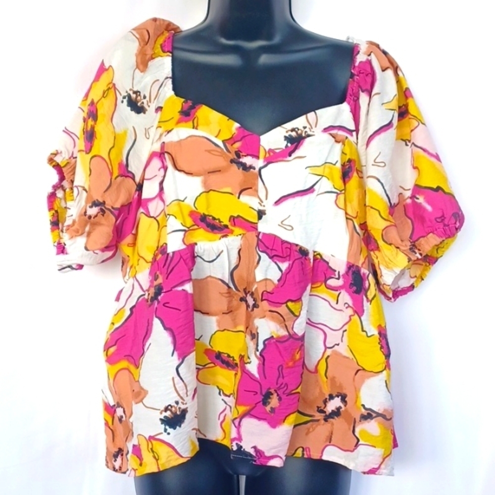 NINE WEST Womens Babydoll Puff Sleeve Floral Top. Pink Yellow . Size XXL